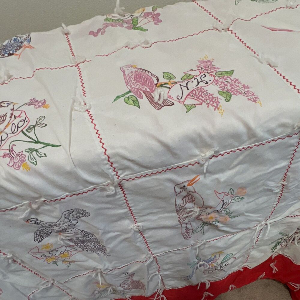 VTG Quilt White Red Multicolor Patchwork Floral Birds State Flowers Rectangular